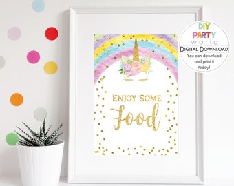 Unicorns Food Sign Printable, Gold Unicorn Decoration, Girls Birthday Party, Table Sign, Rainbow Unicorn Theme, Instant Download, B1006