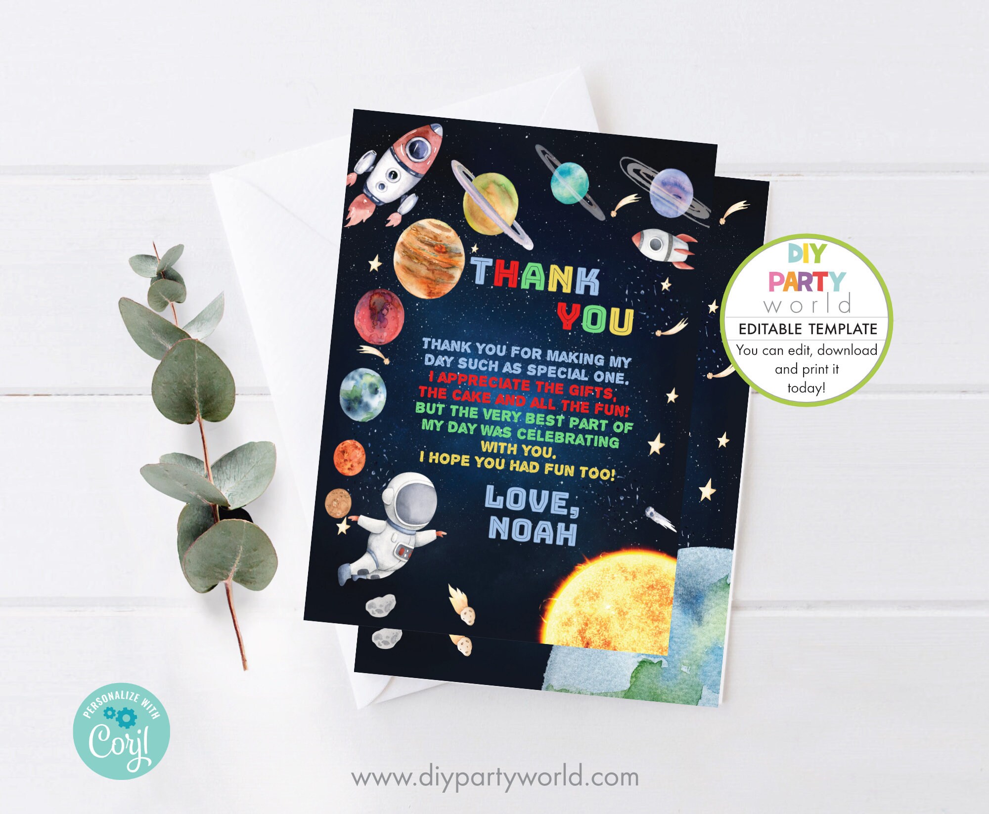 Space Birthday Thank You Card Editable Template Solar System - Etsy