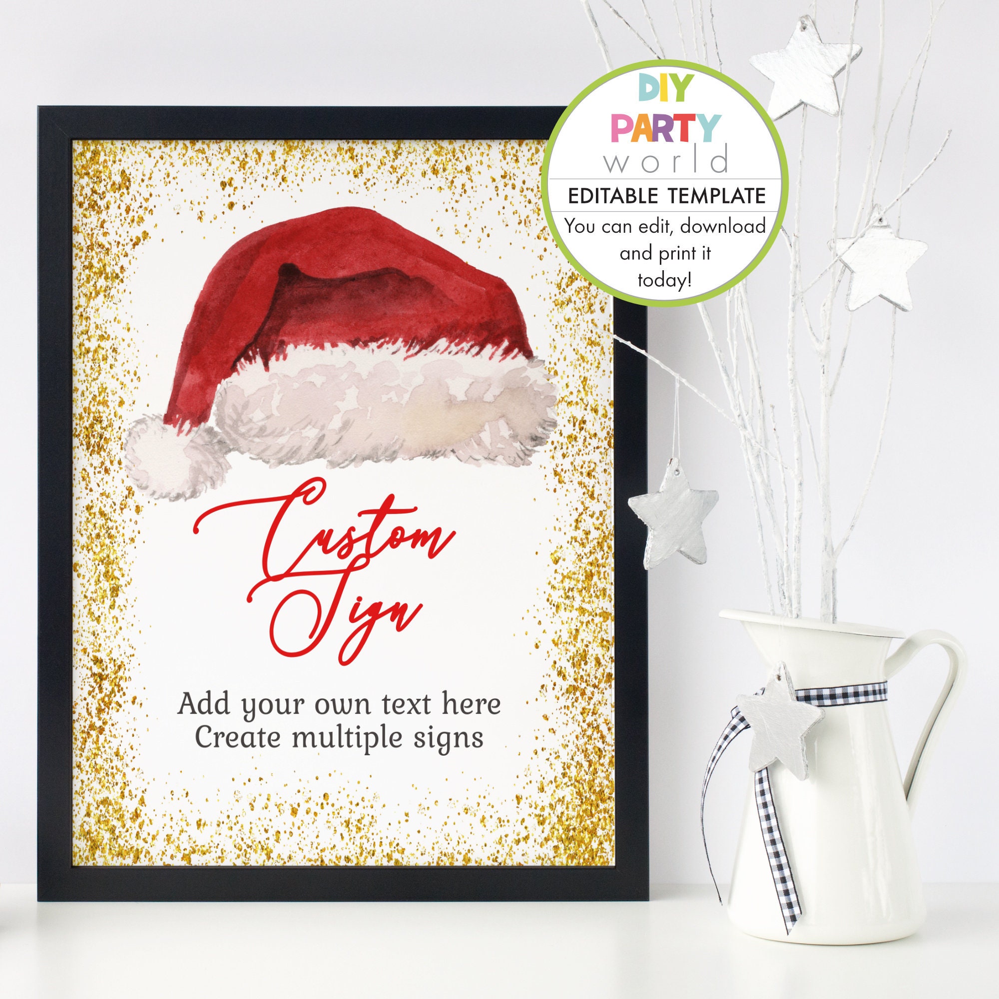 Editable Christmas Custom Sign, Digital Christmas Party Sign, Santa Hat ...