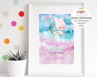 Pink Mermaid Thank You Sign Printable | Mermaid Party Sign | Under the Sea Table Decor | Girls Birthday Party | Instant Download | B1007