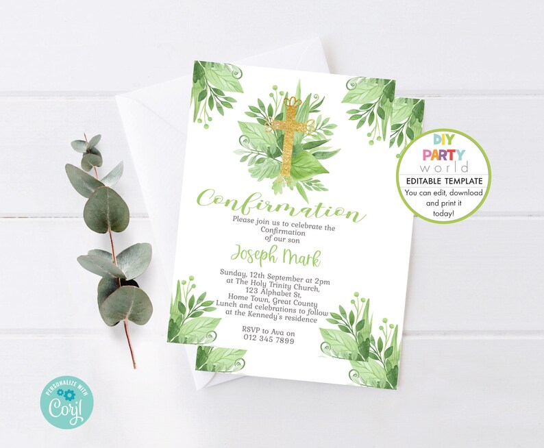 Editable Confirmation Invitation, Printable Customizable Greenery Gold ...