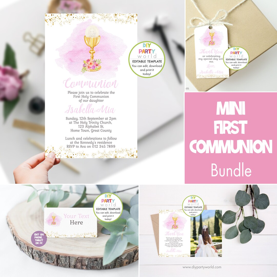 Editable First Communion Invitation Bundle, Pink and Gold Party Bundle ...
