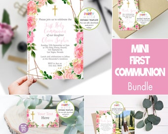 Editable Communion Invitation Bundle, Pink Floral Party Bundle, Digital Girls First Holy Communion Decorations, Corjl Template, CH1005