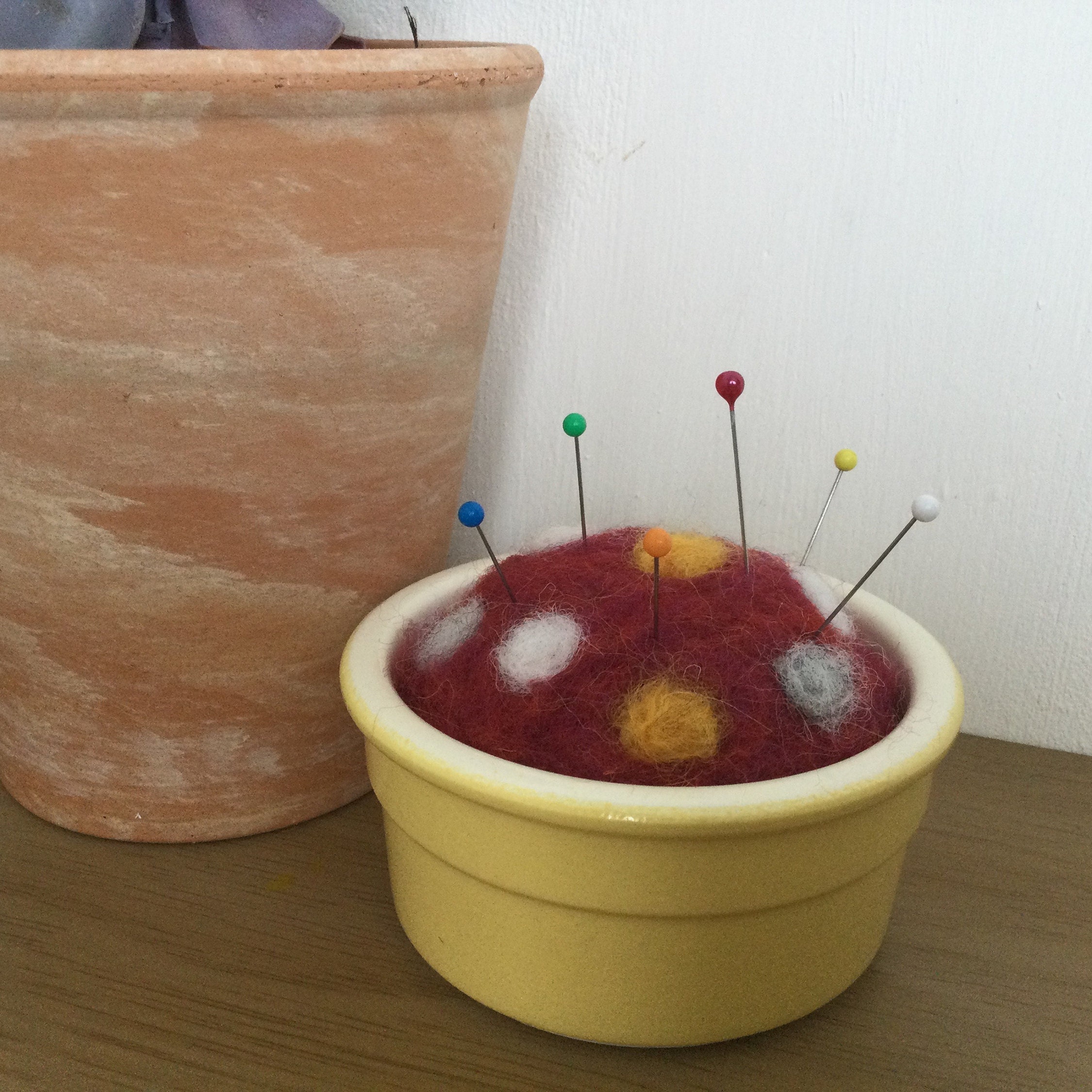 Needle felted pin cushion in ceramic pot Etsy