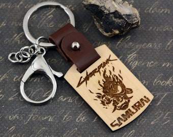 Cyberpunk 2077 Samurai keychain Wood keychain for men Anniversary gift for boyfriend Gift for gamer