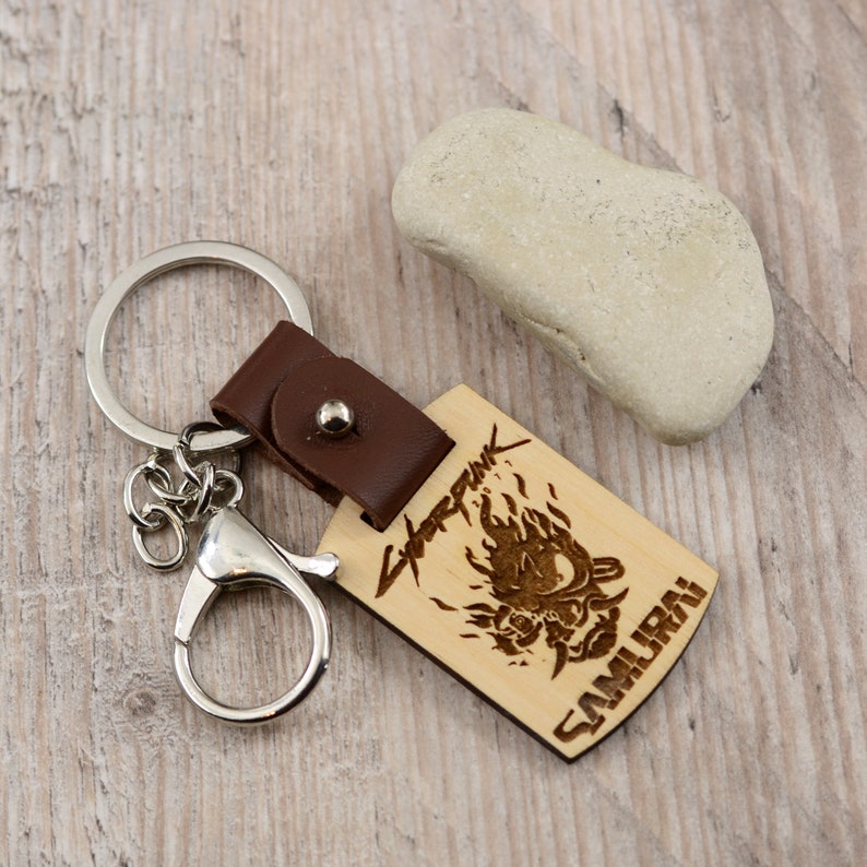 Cyberpunk 2077 Samurai keychain Wood keychain for men Anniversary gift for boyfriend Gift for gamer
