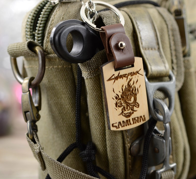 Cyberpunk 2077 Samurai keychain Wood keychain for men Anniversary gift for boyfriend Gift for gamer