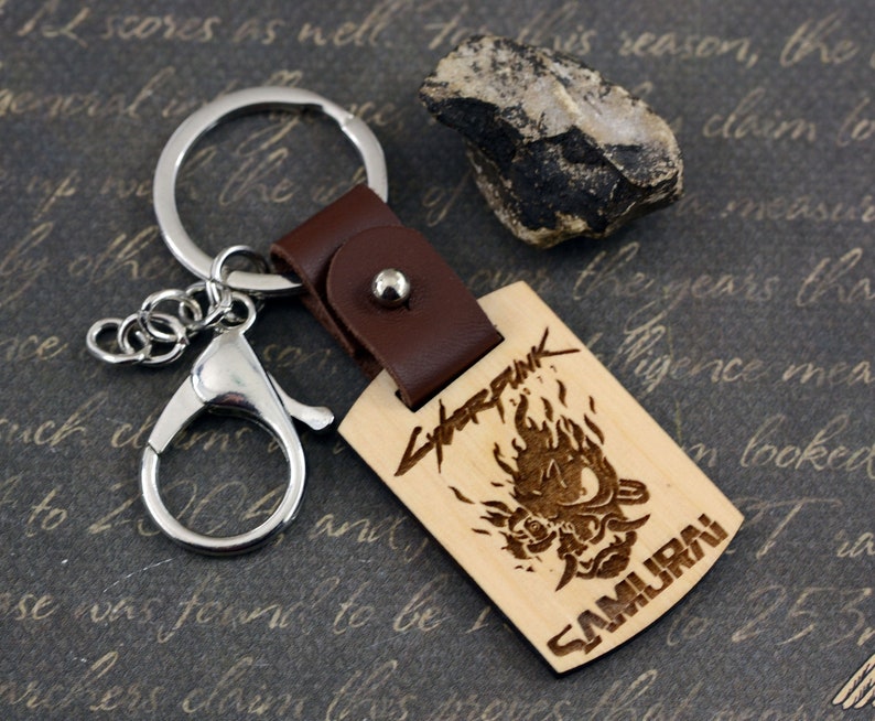 Cyberpunk 2077 Samurai keychain Wood keychain for men Anniversary gift for boyfriend Gift for gamer