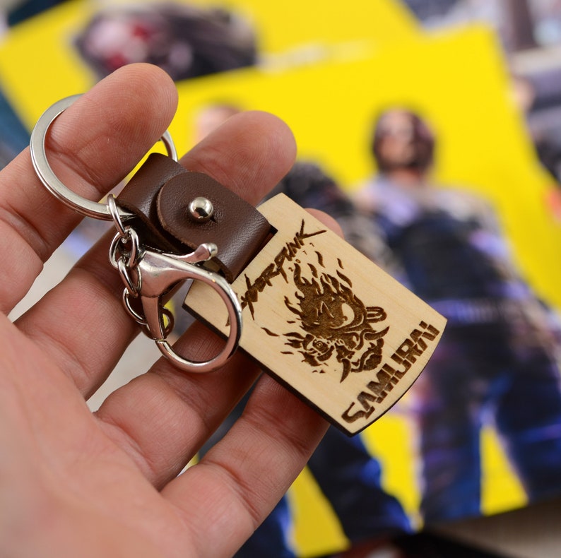 Cyberpunk 2077 Samurai keychain Wood keychain for men Anniversary gift for boyfriend Gift for gamer
