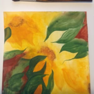 May include: Watercolour painting of yellow sunflowers with green leaves on a white background.