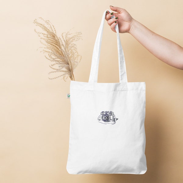 Minimalistic tote bag with line art camera very stylish! shopper to reuse and 100% cotton! dutch design by vintage photoshopNL