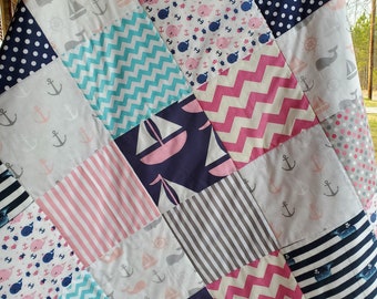 Unique Handcrafted Nautical-themed Patchwork Baby Quilt - Lovely Addition to a Girl's Nursery Decor, Pink and navy Nautical Crib Quilt Girl