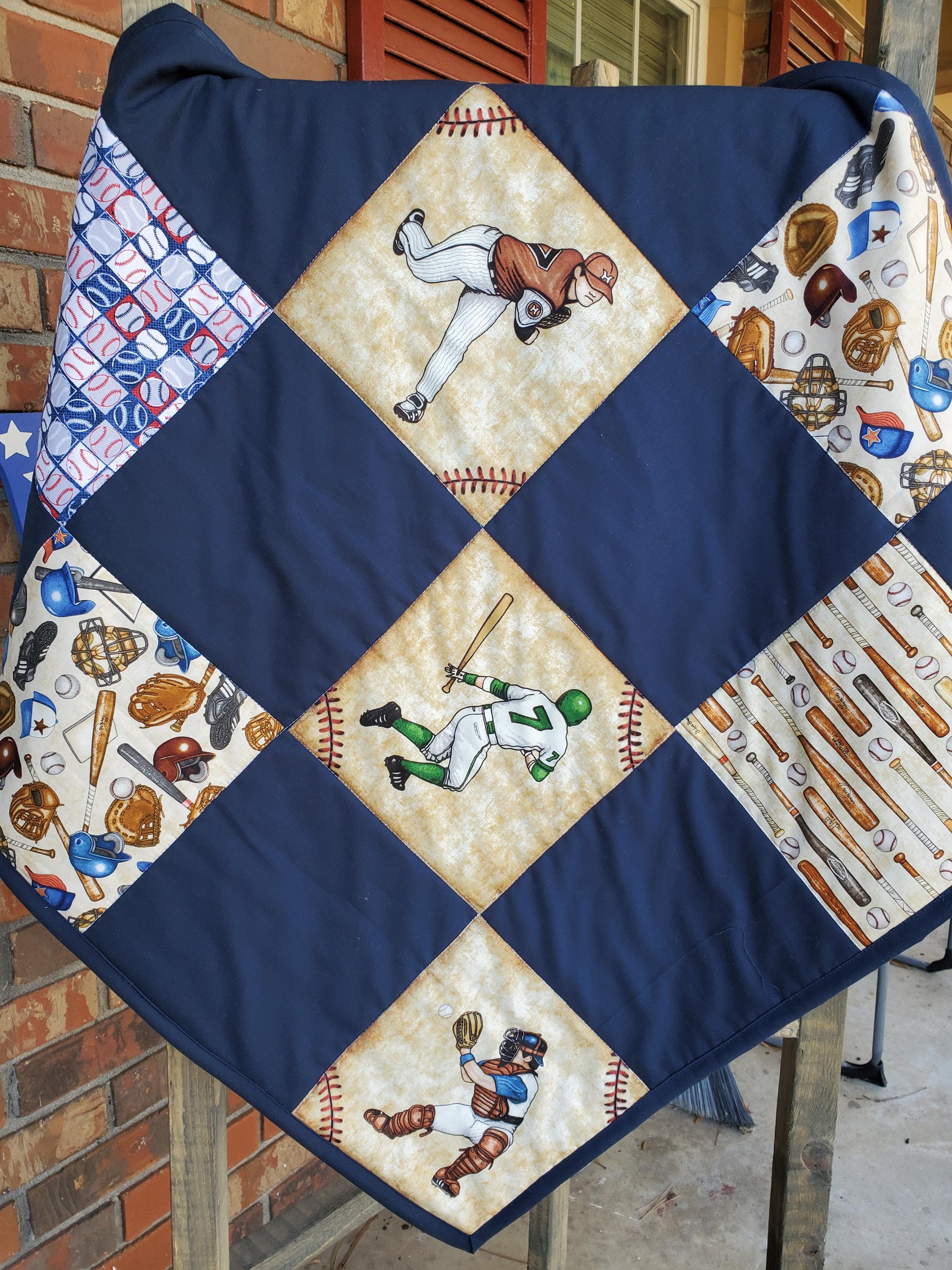 Handmade Baseball Baby Quilt Navy and Tan Baseball Nursery 