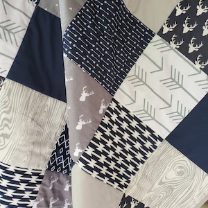 Handmade Navy and Gray Woodland Baby Quilt: Deer Nursery Decor