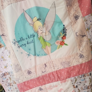Whimsical Handmade Baby Quilt - Tinkerbell Fairy Theme for Nurseries, Tinkerbell Crib Quilt, Baby Quilt Girl, Tinkerbell Patchwork Quilt