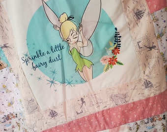 Whimsical Handmade Baby Quilt - Tinkerbell Fairy Theme for Nurseries, Tinkerbell Crib Quilt, Baby Quilt Girl, Tinkerbell Patchwork Quilt