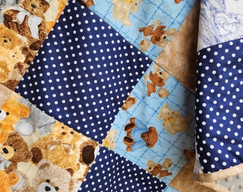 Unique Handcrafted Baby Quilt - Nursery Theme with Teddy Bears in Blues and Tans - Teddy Bear Baby Quilt, Personalized Teddy Bear Crib Quilt