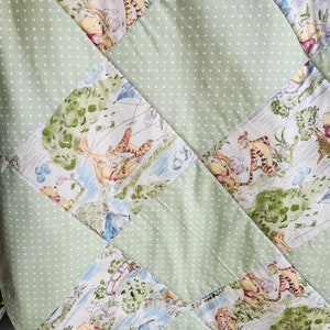 Handmade Vintage Winnie the Pooh Quilt in Sage Greens: Cozy and Classic, Personalized Baby Quilt, Gender Neutral Baby Quilt