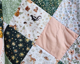 Unique Handmade Baby Girl Quilt - Woodland Floral Design in Earth Tone Colors, Woodland Nursery Quilt Girl, Woodland Animals