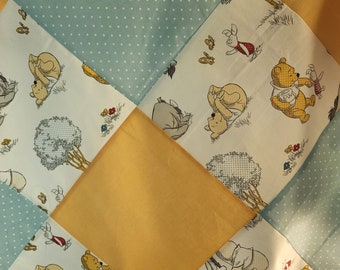 Handmade Winnie the Pooh Baby Quilt, Personalized Baby Quilt, Winnie the Pooh Crib Quilt for a boy, Muted Colors