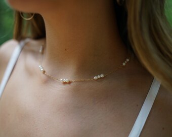 Julia Delicate Freswater Pearl Trio and 14k Gold Fill Handmade Necklace.