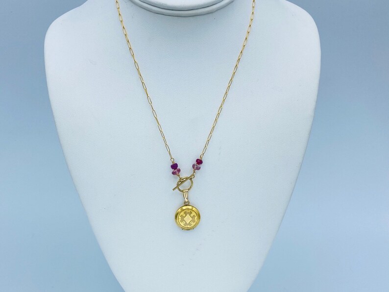 Tatiana gold filled vintage locket necklace with ruby and pink t