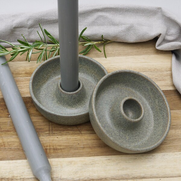 Handmade individual Ceramic Stoneware Candle Holder, Hand-Thrown decorative tableware, green, grey, gift