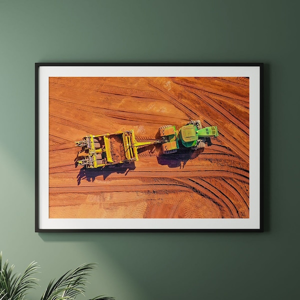 Drone Photo, Aerial Photo, Scraper, Scraper Machine, Tractor Scraper, Tractor, Machinery, Earthworks, Excavate, Farm Machine, Drone Wall Art