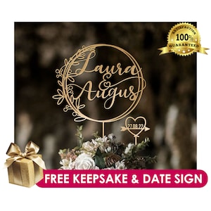 Topper per torta nuziale con nome di coppia rustica - Topper per torta oro personalizzato - Rosa - Argento - Compleanno Anniversario Battesimo Baby Shower Topper