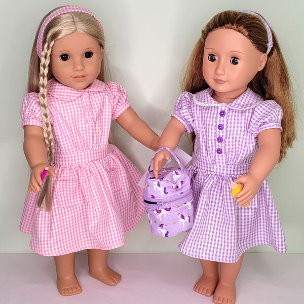 Doll schooll gingham summer dress with matching hairband for 18" (46cm)dolls e.g Our Generation and American Girl ®