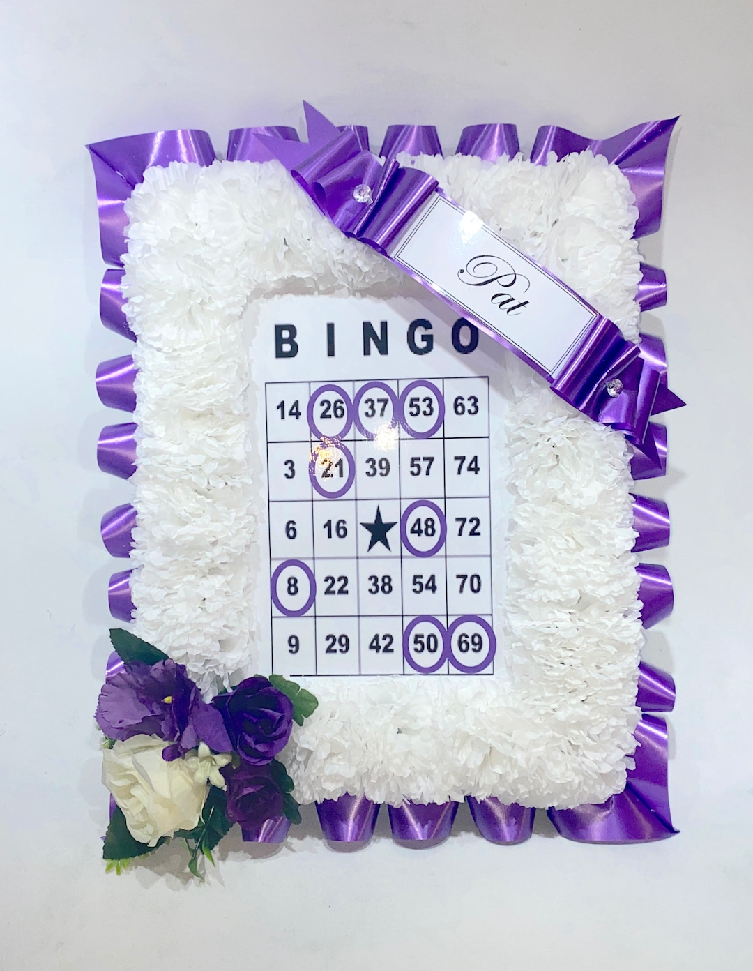 BINGO CARD Funeral Tribute Artificial Flowers Any Colour Personalised