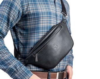 Leder Sling Bag und Gürteltasche in Schwarz, Gürteltasche für Reisen und den täglichen Gebrauch Männer & Frauen Crossbody Fanny Pack