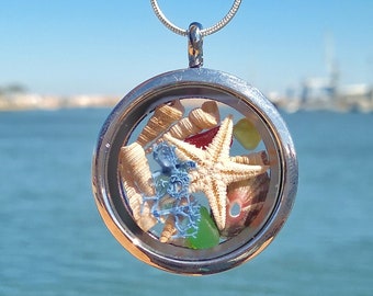 Summer beach necklace, Sea Glass Necklace, Seaglass jewelry, Terrarium necklace, Gift for Women, Seashells Ocean necklace Mermaid pendant