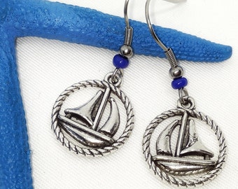 Segelboot Ohrringe, 925 Sterling Silber, Nautische Ohrringe, Sommer Ohrringe, Sailor Ohrringe, Küste, Marine, Wind, Segel, Segelboot Schmuck