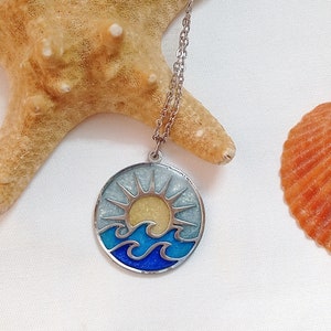 Hanger zonsopgang op zee, zeegezichtketting, harsgolvenhanger, oceaansieraden, cadeau in nautische stijl, hemelse sieraden, magische fantasiehanger