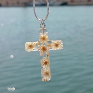 White Dried Flowers cross pendant, Pressed real flower Jewelry, Religious christian cross necklace, spiritual gift For Christian Catholic