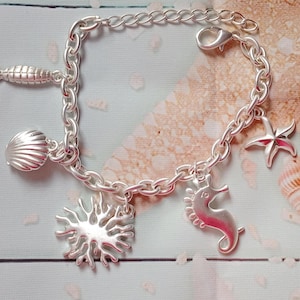Marine Themed Charm Bracelet, Ocean lover Jewelry, Starfish Bracelet, seahorse lovers, nautical accessory, coastal jewelry for beach lovers
