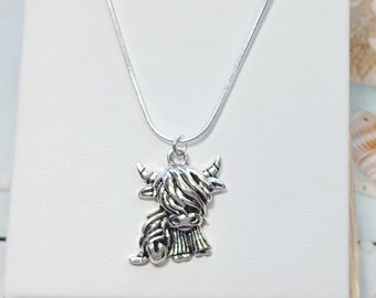Tiny Highland Cow Necklace, Scottish Inspired Jewellery, Scotland Cow Pendant, Celtic Style jewelry, Highland Cow Gift, Animal Lover present