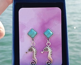 Seahorse Earrings, Ocean creature Jewelry, nautical accessory coastal style, turquoise stone, summer jewelry, sea life inspired animal jewel