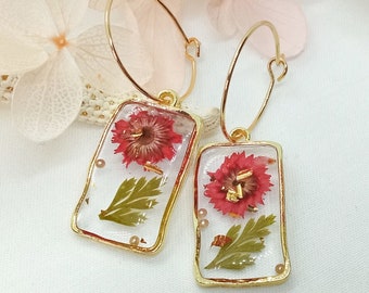 Pendientes hechos a mano con flores reales, pendientes de primavera, joyería pan de oro, pendientes flores secas, elegante joyería botánica