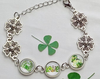 Five leaf clover bracelet, Lucky amulet, st Patricks day jewelry, celtic bracelet, ireland leprechaun, Irish party gift, Good luck bracelet