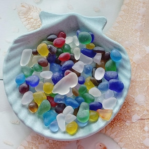 Puede incluir: Un plato de cerámica azul claro con forma de concha de vieira lleno de una colección de pequeñas piezas de vidrio marino lisas y esmeriladas en varios colores, incluyendo azul, verde, amarillo, rojo, blanco y marrón, sobre una superficie estampada.