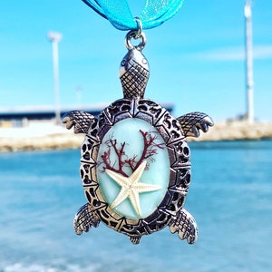 Sea Turtle Jewellery, Turtle Pendant, Starfish necklace, Resin jewelry, Silver plated Sea Turtle Necklace, Hawaiian style, vacation jewelry