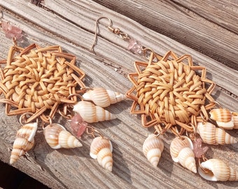 Orecchini rotondi, orecchini di quarzo rosa, orecchini di legno e conchiglia, gioielli oceanici, orecchini Boho lunghi, regalo nautico