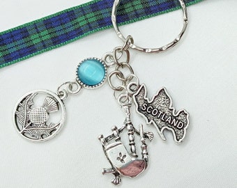 Scottish Thistle Keychain, Bagpipe keyring, Map of Scotland, Custom Celtic Jewelry, Highlander gifts, Scottish Thistle Flower Accessory