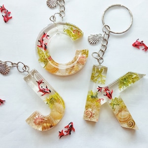 Aquarium Keychain, Koi fish keychain,letter Keyring, fish tank resin, Initial bagcharm, Ocean Keyring, natural custom Keyring, Name keychain