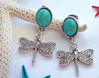 Dragonfly earrings, dragonfly jewelry, turquoise stone jewelry, nature inspired Jewelry, Silver Animal, Dangly Earrings, vintage earrings