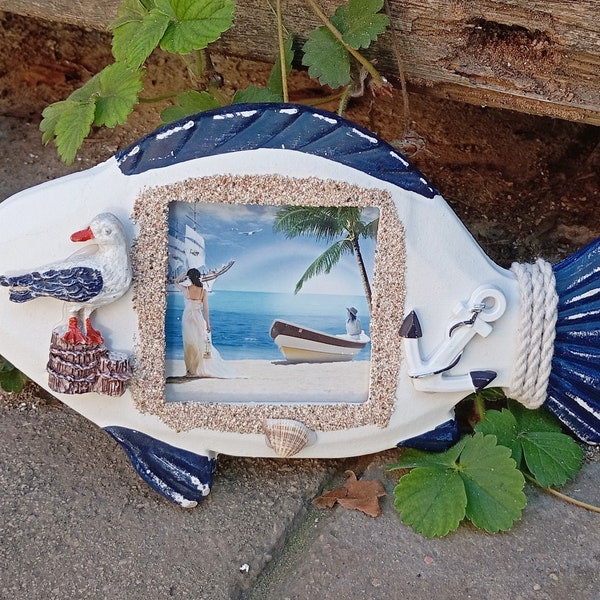 Cadre photo poisson, décoration marin avec mouette, cadre photo nautique, décoration voilier, style côtier pour maison de plage
