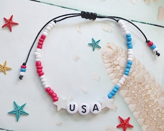 USA Beaded Bracelet, Patriotic Jewelry, 4th of July Bracelet, American Flag Bracelet, Adjustable Friendship Bracelet, Independence Day Gift