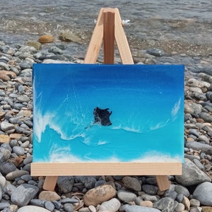 Mini Painting with Easel, Resin ocean painting, Mini Canvas, Seascape resin art, Beach painting, Fluid art, Beach resin art, Manta Ray Decor